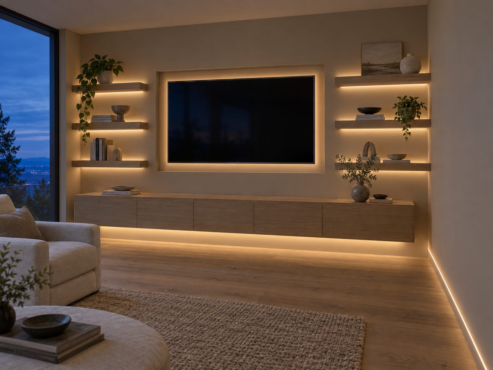 Built-in entertainment center wall at night with hidden LED lighting under the floating console and shelves and a recessed strip at the base of the wall