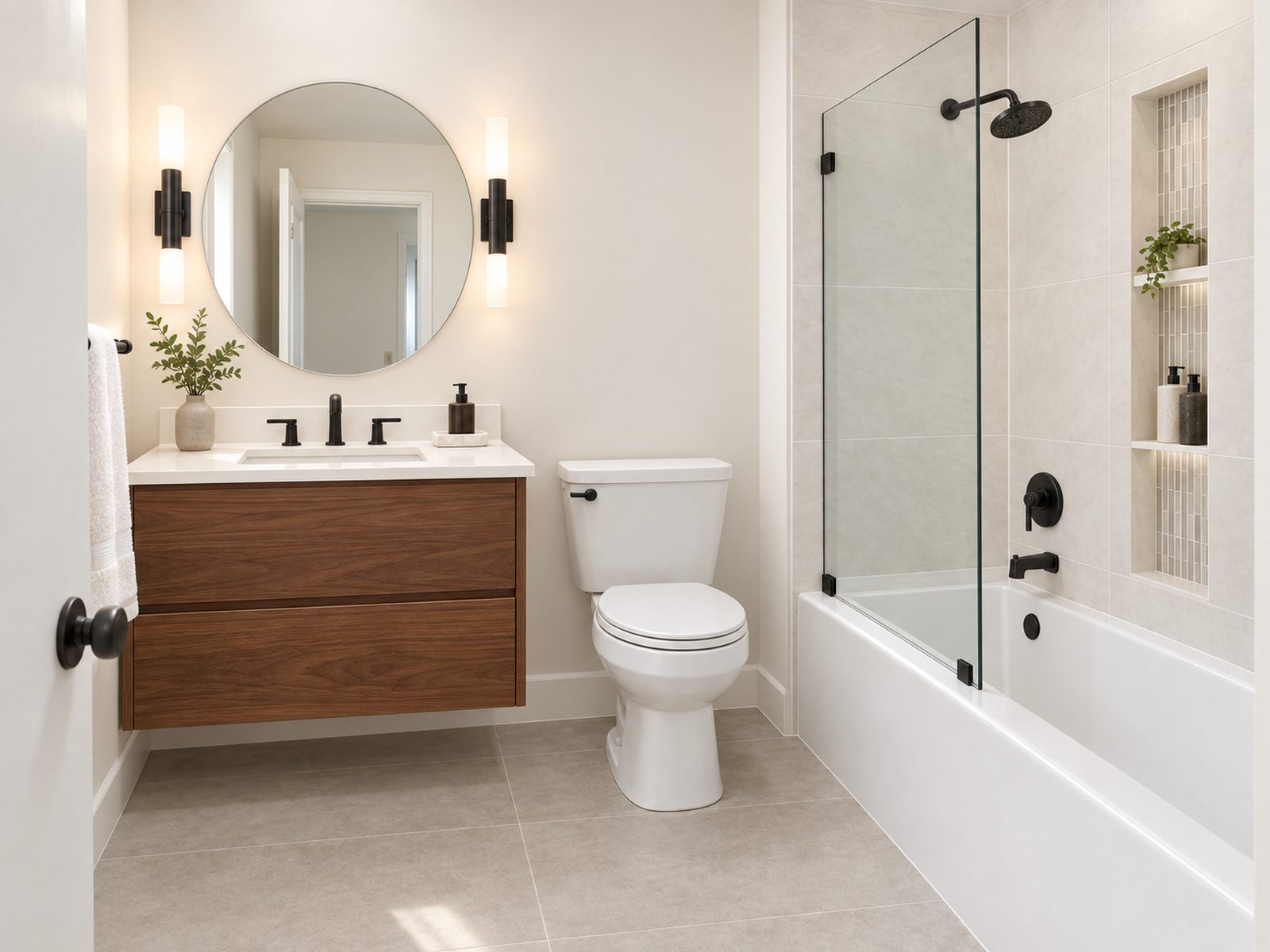 Remodeled bathroom with large-format porcelain tile and a floating walnut vanity