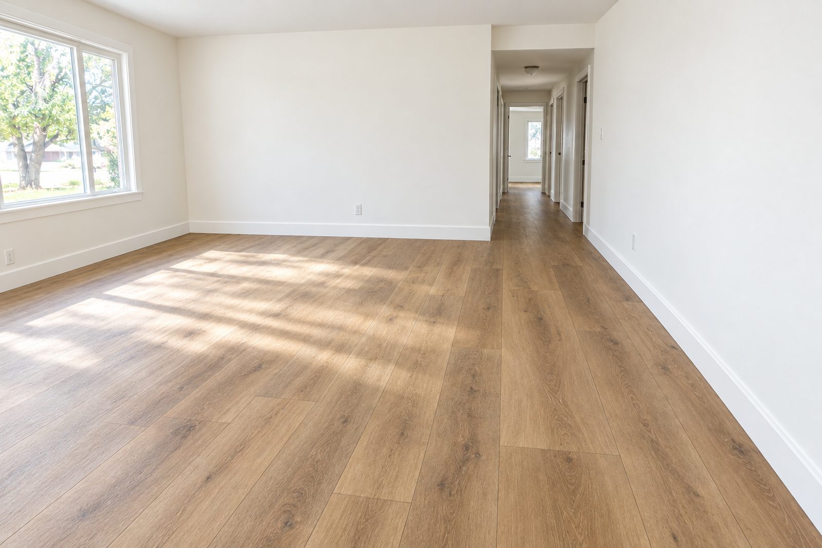 New wide-plank flooring running from living room through hallway