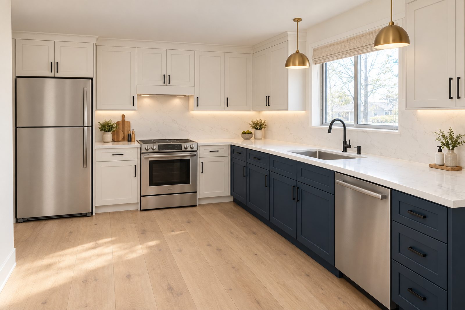 Remodeled kitchen with two-tone shaker cabinets and quartz countertops