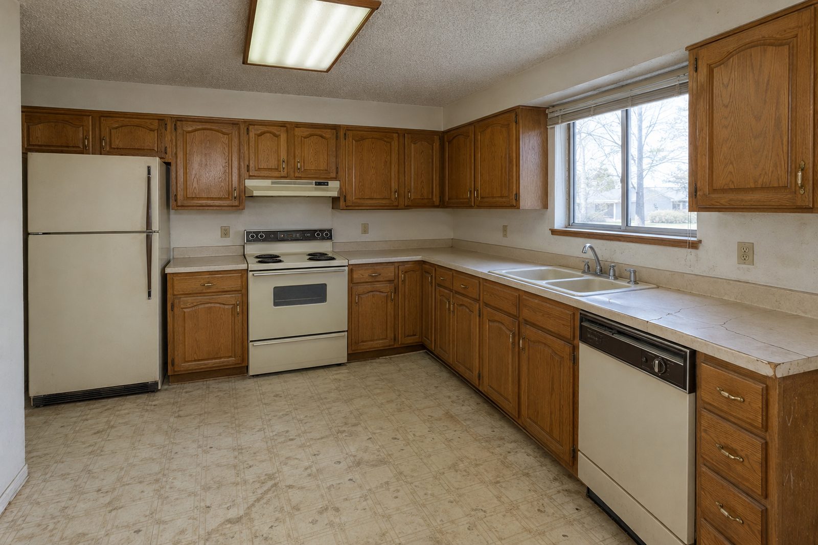 Dated kitchen with oak cabinets and laminate countertops before remodeling