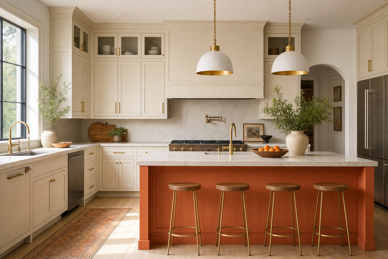 A kitchen with cream cabinetry and a bold coral-orange island