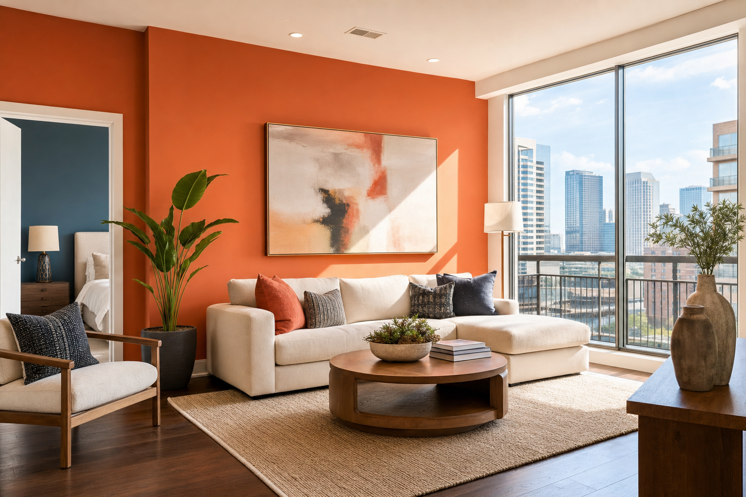 A living room with a bold coral-orange accent wall, cream sofa, and warm wood floors